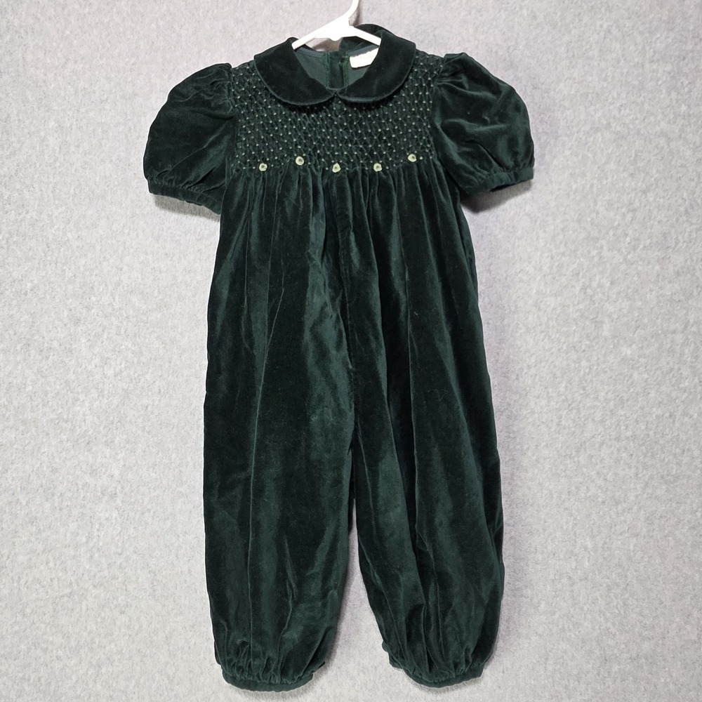 Sophie Dess Green Velvet Smocked Bubble Romper Infant Toddler